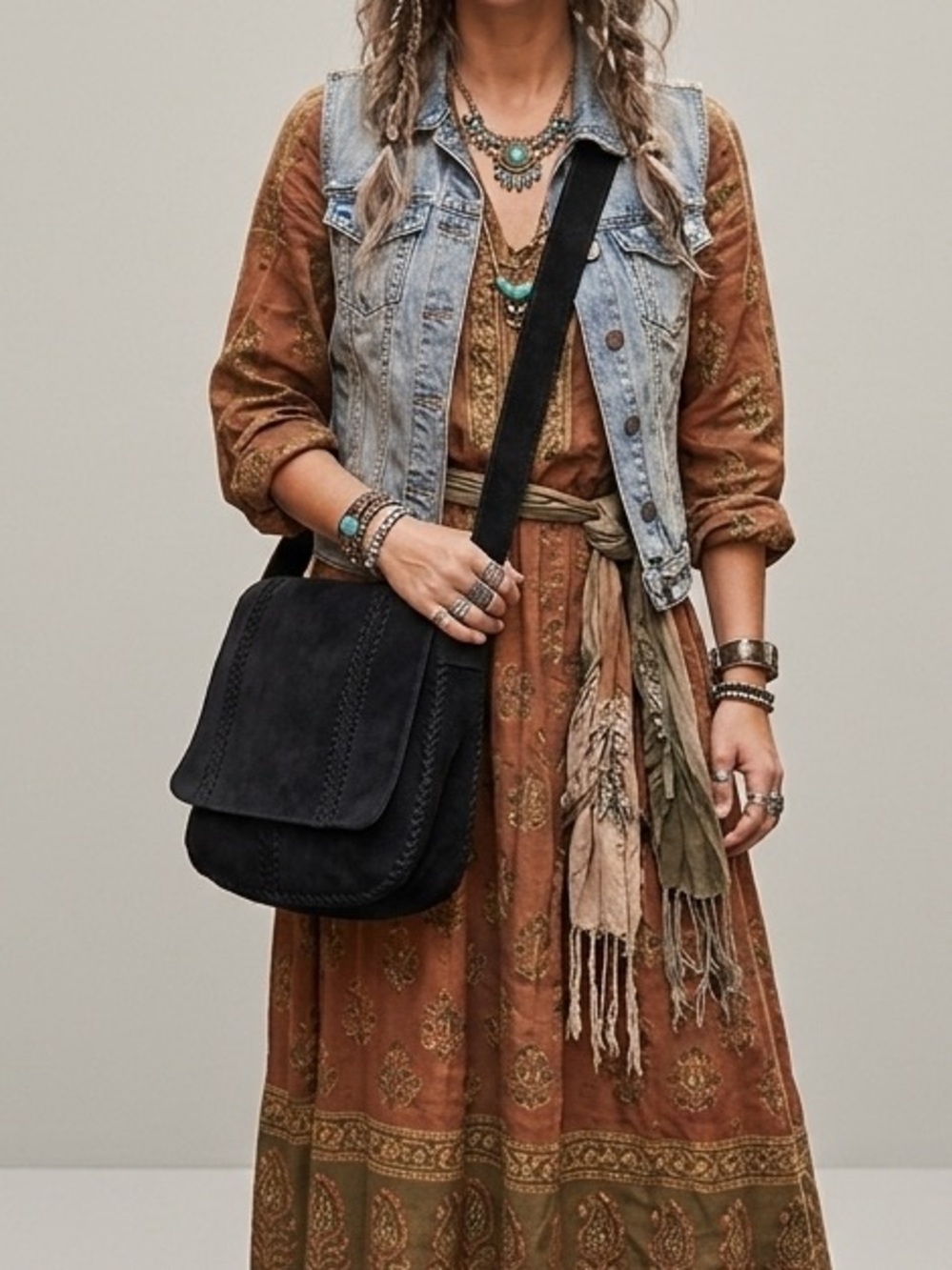 The Sak Vintage Suede and Leather Whipstitch Black Messenger Crossbody Bag